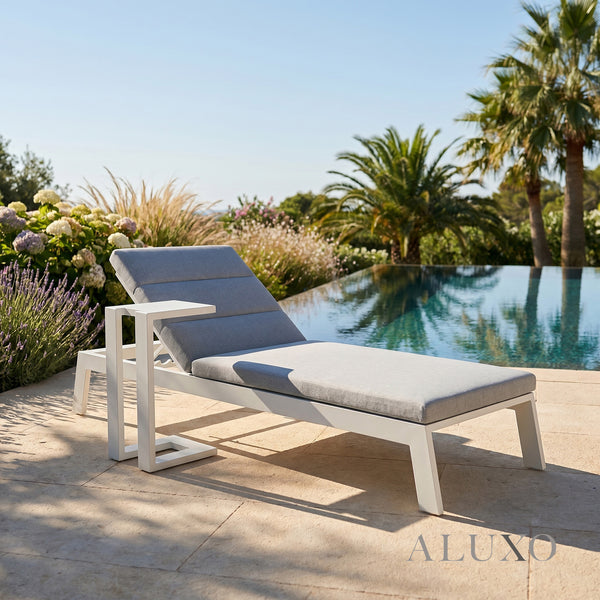 (PRE-ORDER) ALUXO® Dasia Luxury Outdoor Sun Lounger with Table Set – White Aluminium