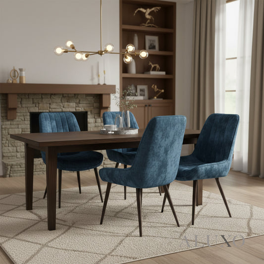 Didrik Velvet Dining Chair | Scandinavian Style, Line Stitch Back, Black Legs | Navy Blue / Cream / Teal