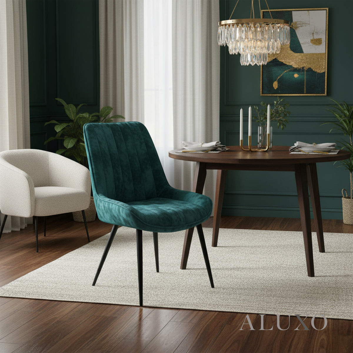 Didrik Velvet Dining Chair | Scandinavian Style, Line Stitch Back, Black Legs | Teal / Cream / Navy Blue