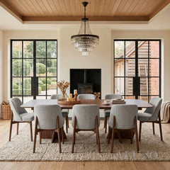 ALUXO® Dino 2.4m Walnut Dining Set – Architectural Table with 4/6/8 Dino Oatmeal Bouclé Chairs