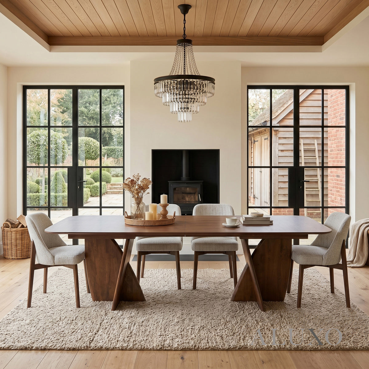 ALUXO® Dino 2.4m Walnut Dining Set – Architectural Table with 4/6/8 Dino Oatmeal Bouclé Chairs