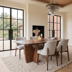 ALUXO® Dino 2.4m Walnut Dining Set – Architectural Table with 4/6/8 Dino Oatmeal Bouclé Chairs