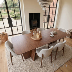 ALUXO® Dino 2.4m Walnut Dining Set – Architectural Table with 4/6/8 Dino Oatmeal Bouclé Chairs