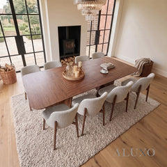 ALUXO® Dino 2.4m Walnut Dining Set – Architectural Table with 4/6/8 Dino Oatmeal Bouclé Chairs