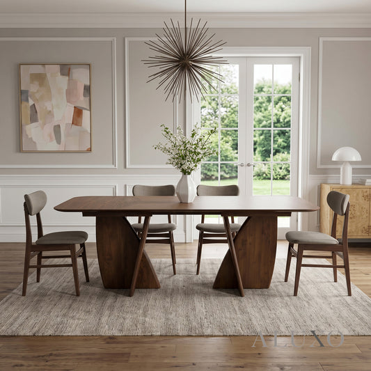 ALUXO® Dino 2.4m Walnut Dining Set – Architectural Base Table with 4/6/8 Oxford Oatmeal Bouclé Chairs