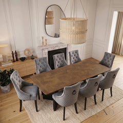 ALUXO® Dunkin 2.2m Walnut Dining Set – Black Tapered Table with 4/6/8 Gunnar Dark Grey Velvet Chairs