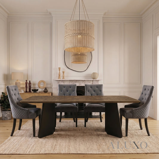 ALUXO® Dunkin 2.2m Walnut Dining Set – Black Tapered Table with 4/6/8 Gunnar Dark Grey Velvet Chairs