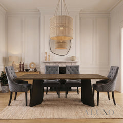 ALUXO® Dunkin 2.2m Walnut Dining Set – Black Tapered Table with 4/6/8 Gunnar Dark Grey Velvet Chairs