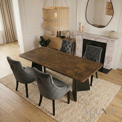 ALUXO® Dunkin 2.2m Walnut Dining Set – Black Tapered Table with 4/6/8 Gunnar Dark Grey Velvet Chairs