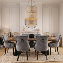 ALUXO® Dunkin 2.2m Walnut Dining Set – Black Tapered Table with 4/6/8 Gunnar Dark Grey Velvet Chairs