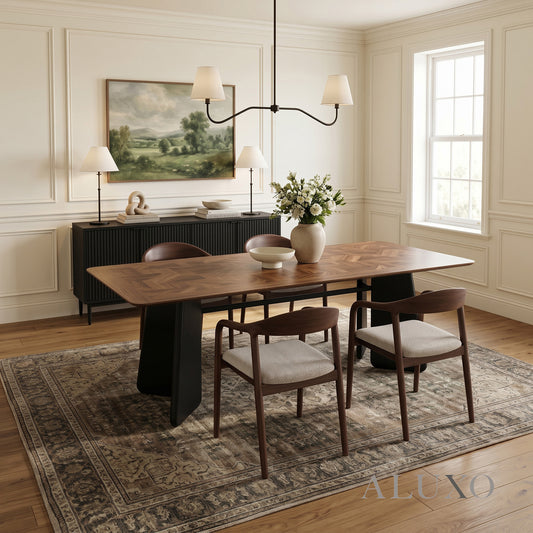 ALUXO® Dunkin 2.2m Walnut Dining Set – Black Tapered Table with 4/6/8 Tess Oatmeal Bouclé Chairs