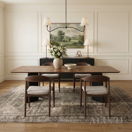 ALUXO® Dunkin 2.2m Walnut Dining Set – Black Tapered Table with 4/6/8 Tess Oatmeal Bouclé Chairs