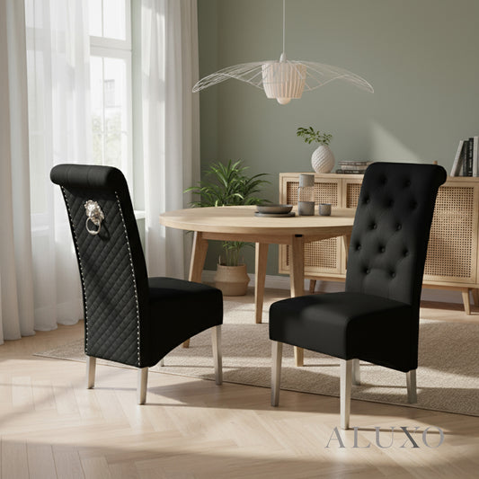Einar Black Plush Velvet Dining Chair | Scroll Top, Chrome Lion Knocker & Quilted Back