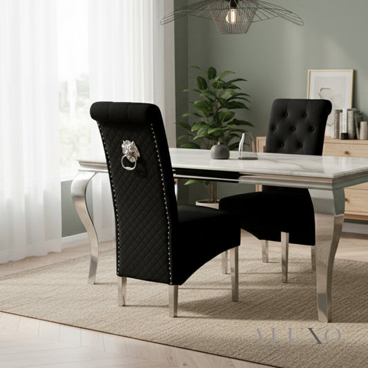Einar Black Plush Velvet Dining Chair | Scroll Top, Chrome Lion Knocker & Quilted Back