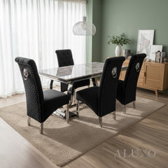 Einar Black Plush Velvet Dining Chair | Scroll Top, Chrome Lion Knocker & Quilted Back