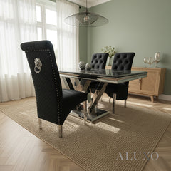 Einar Black Plush Velvet Dining Chair | Scroll Top, Chrome Lion Knocker & Quilted Back