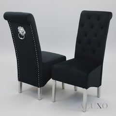 Einar Black Plush Velvet Dining Chair | Scroll Top, Chrome Lion Knocker & Quilted Back