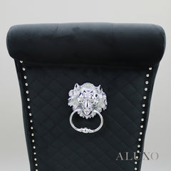 Einar Black Plush Velvet Dining Chair | Scroll Top, Chrome Lion Knocker & Quilted Back
