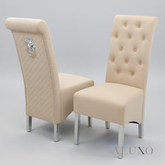 Einar Cream Plush Velvet Dining Chair | Scroll Top, Chrome Lion Knocker & Quilted Back