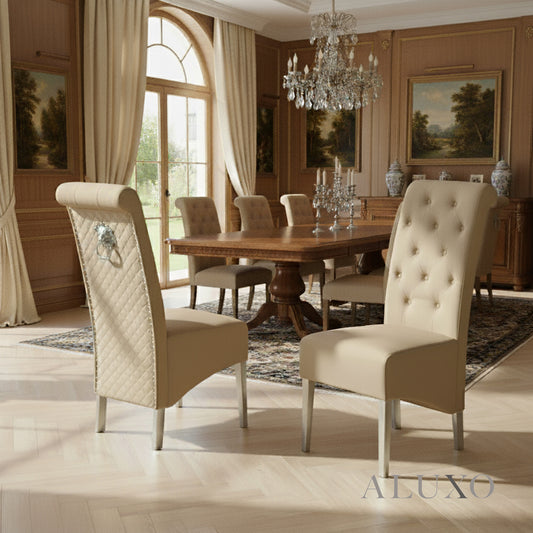 Einar Cream Plush Velvet Dining Chair | Scroll Top, Chrome Lion Knocker & Quilted Back