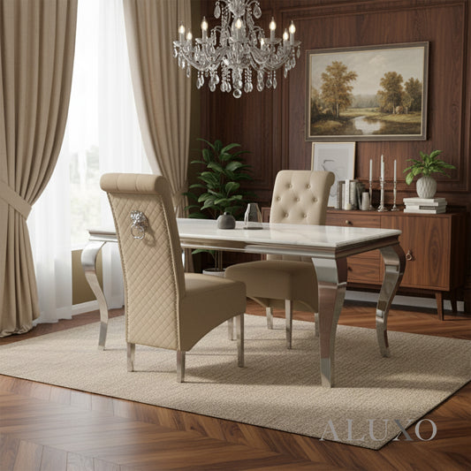 Einar Cream Plush Velvet Dining Chair | Scroll Top, Chrome Lion Knocker & Quilted Back