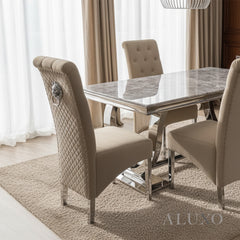 Einar Cream Plush Velvet Dining Chair | Scroll Top, Chrome Lion Knocker & Quilted Back