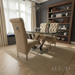Einar Cream Plush Velvet Dining Chair | Scroll Top, Chrome Lion Knocker & Quilted Back