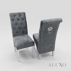 Einar Dark Grey Plush Velvet Dining Chair | Scroll Top, Chrome Lion Knocker & Quilted Back