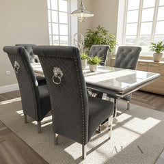 Einar Dark Grey Plush Velvet Dining Chair | Scroll Top, Chrome Lion Knocker & Quilted Back
