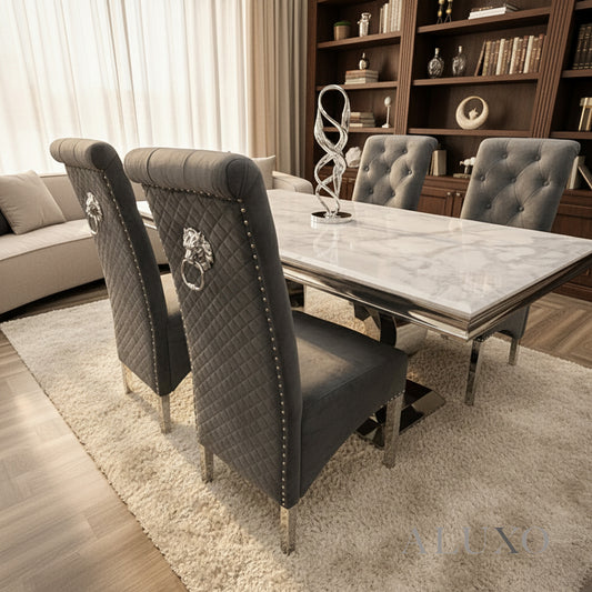 Einar Dark Grey Plush Velvet Dining Chair | Scroll Top, Chrome Lion Knocker & Quilted Back