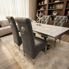 Einar Dark Grey Plush Velvet Dining Chair | Scroll Top, Chrome Lion Knocker & Quilted Back