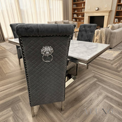Einar Dark Grey Plush Velvet Dining Chair | Scroll Top, Chrome Lion Knocker & Quilted Back