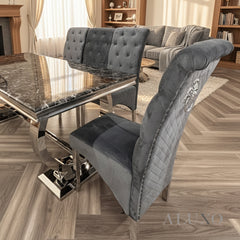 Einar Dark Grey Plush Velvet Dining Chair | Scroll Top, Chrome Lion Knocker & Quilted Back