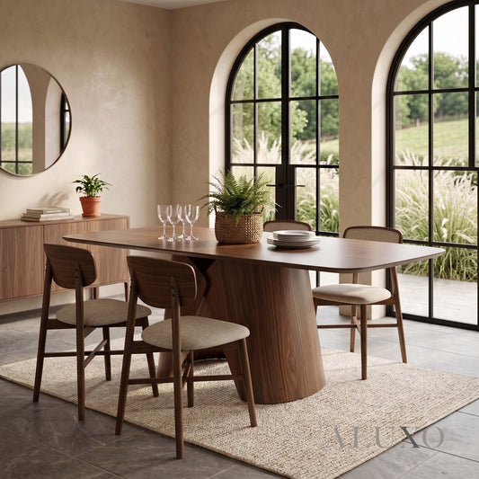 ALUXO® Elegantia 1.8m Walnut Dining Set – Sculptural Pedestal Base Table with 4/6/8 Elegantia Oatmeal Bouclé Chairs