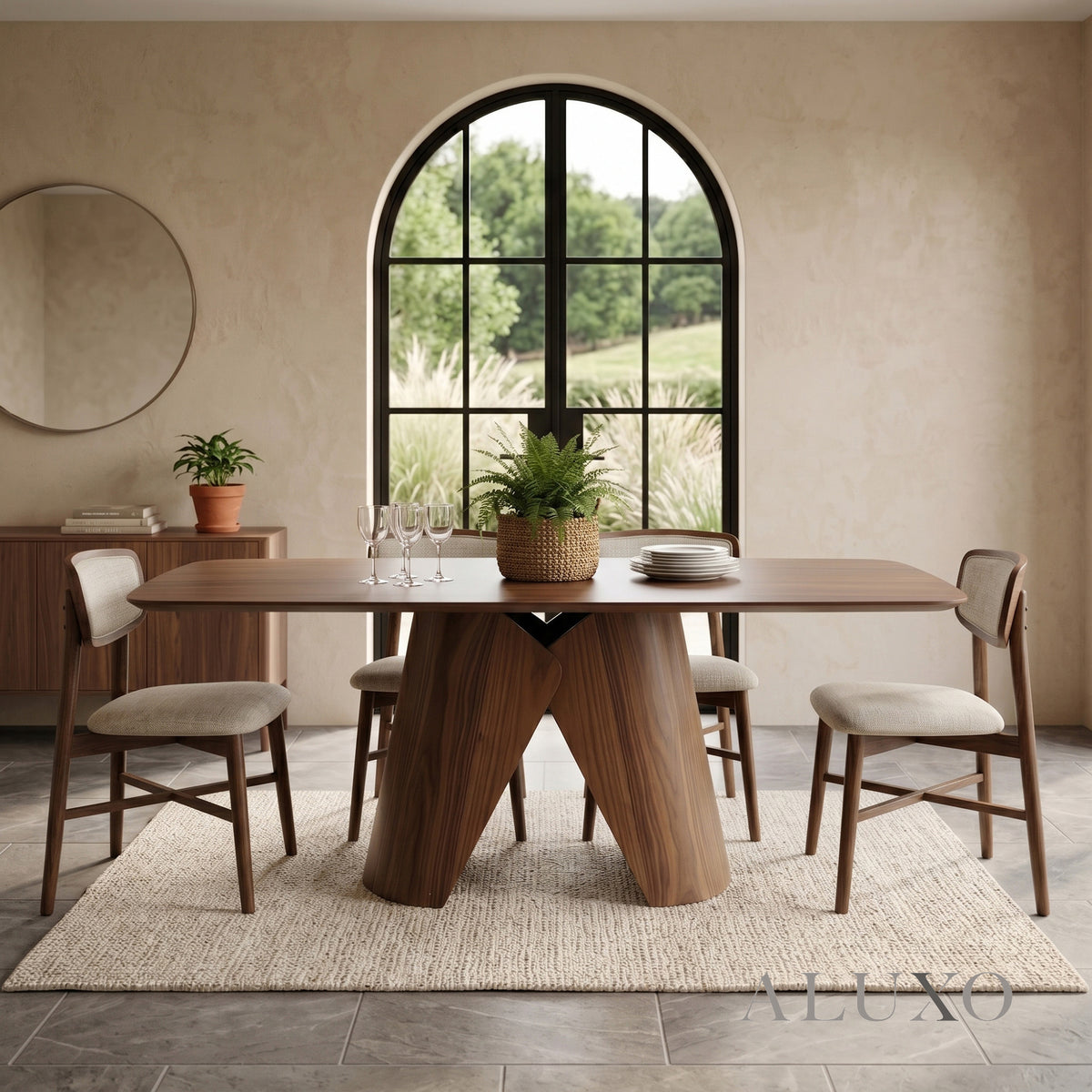 ALUXO® Elegantia 1.8m Walnut Dining Set – Sculptural Pedestal Base Table with 4/6/8 Elegantia Oatmeal Bouclé Chairs
