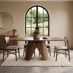 ALUXO® Elegantia 1.8m Walnut Dining Set – Sculptural Pedestal Base Table with 4/6/8 Elegantia Oatmeal Bouclé Chairs