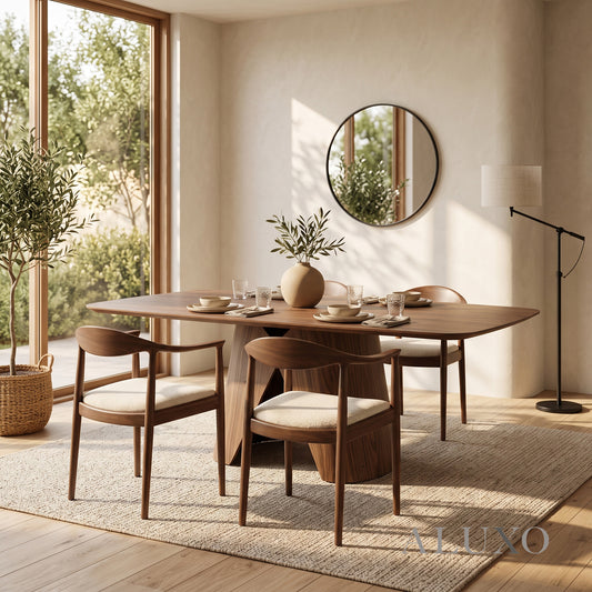ALUXO® Elegantia 1.8m Walnut Dining Set – Sculptural Pedestal Base Table with 4/6/8 Fern Oatmeal Bouclé Chairs