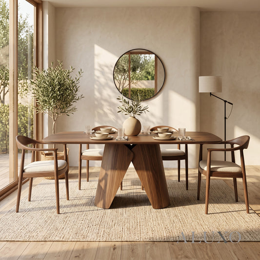 ALUXO® Elegantia 1.8m Walnut Dining Set – Sculptural Pedestal Base Table with 4/6/8 Fern Oatmeal Bouclé Chairs
