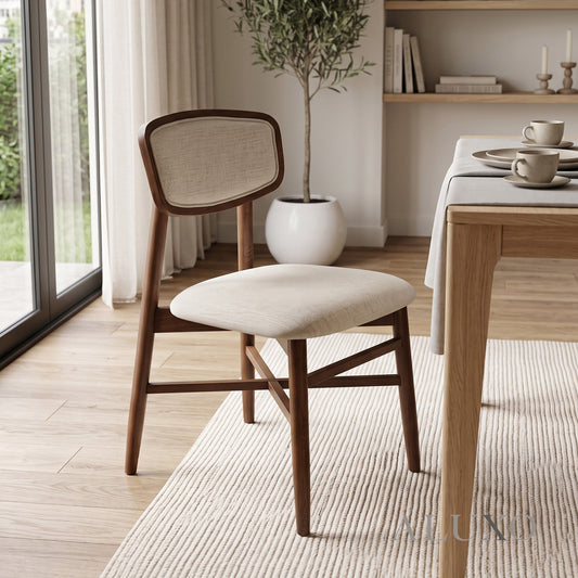ALUXO® Elegantia Walnut Upholstered Back Dining Chair in Oatmeal Bouclé – Set of 2