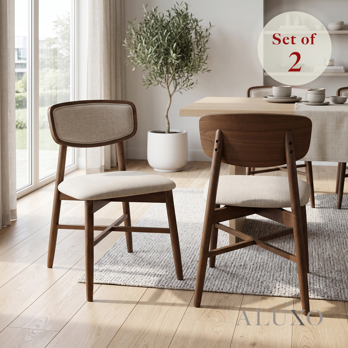 ALUXO® Elegantia Walnut Upholstered Back Dining Chair in Oatmeal Bouclé – Set of 2