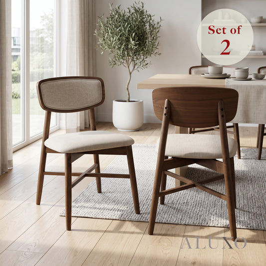 ALUXO® Elegantia Walnut Upholstered Back Dining Chair in Oatmeal Bouclé – Set of 2