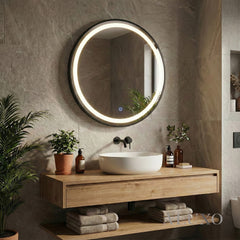 Orel 80cm Round LED Wall Mirror with Black Aluminium Frame – 3-Tone Lighting