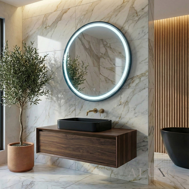 Orel 80cm Round LED Wall Mirror with Black Aluminium Frame – 3-Tone Lighting