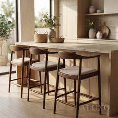 ALUXO® Fern Walnut Bar Stool with Oatmeal Bouclé Upholstery