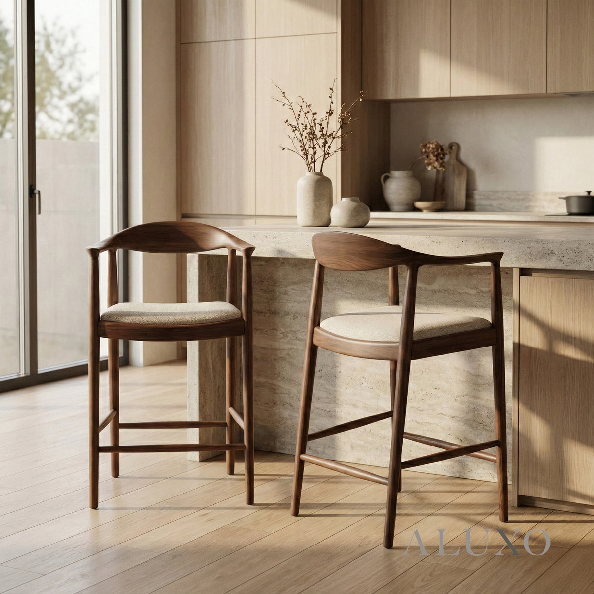 ALUXO® Fern Walnut Bar Stool with Oatmeal Bouclé Upholstery