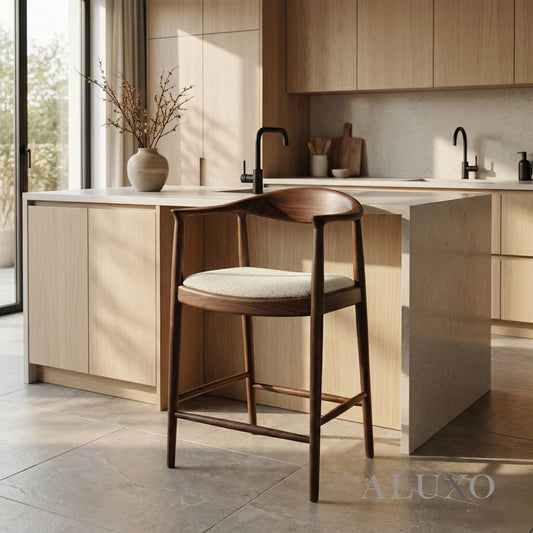 ALUXO® Fern Walnut Bar Stool with Oatmeal Bouclé Upholstery