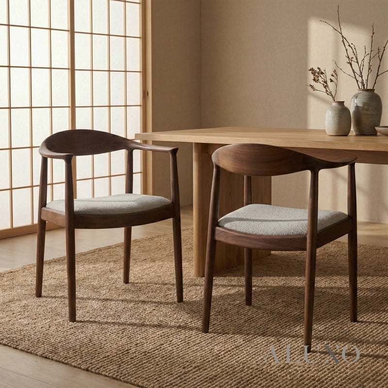 ALUXO® Fern Walnut Carver Dining Chair in Oatmeal Bouclé – Set of 2