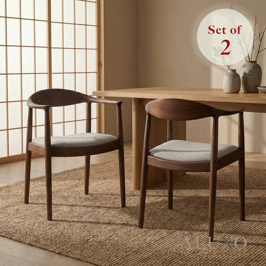 ALUXO® Fern Walnut Carver Dining Chair in Oatmeal Bouclé – Set of 2