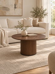 Rowen 80cm Round Walnut Coffee Table with Ribbed Pedestal Base
