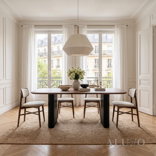 ALUXO® Genesis 1.8m Walnut Dining Set – Black Fluted Base Table with 4/6 Elegantia Oatmeal Bouclé Chairs